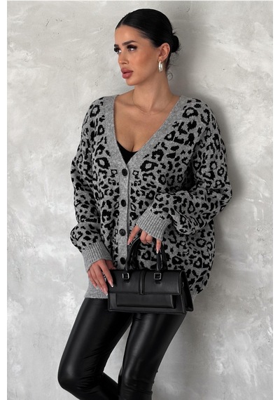 Femelle Kadın Gri Leopar Desen Oversize Triko Hırka