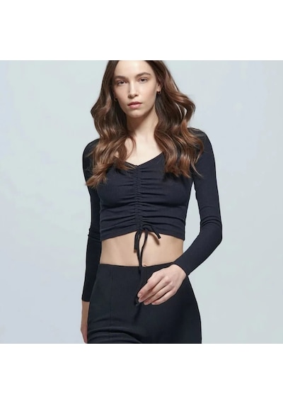 Escbutik Kadın V-yaka Önü Büzgülü Uzun Kollu Crop Bluz Siyah