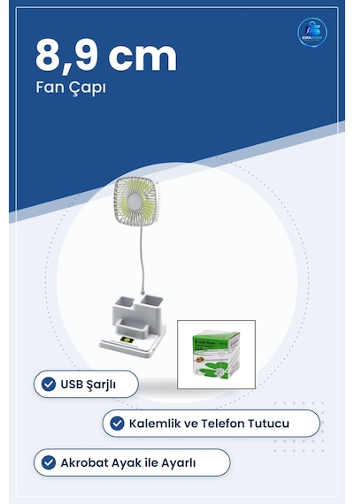 Masaüstü Vantilatör Usb Şarjlı Kalemlik Ve Telefon Tutuculu Mini