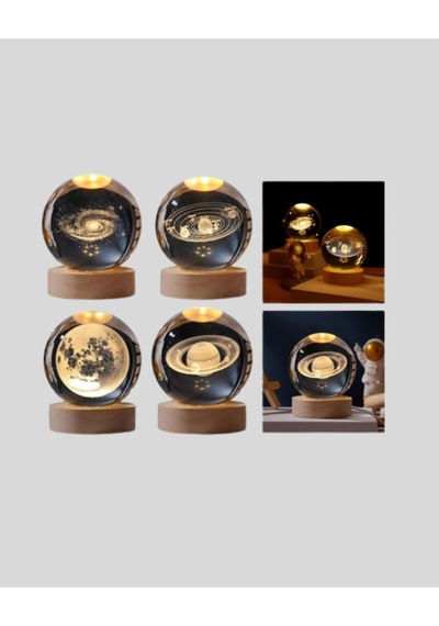 Hubrendy Tekno Satürn Desenli Kristal Küre Led Gece Lambası Ahşap Standlı Diğer