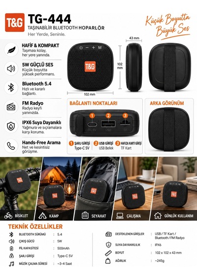 T&g Tg-444 Bluetooth 5.4 Taşınabilir Mini Hoparlör 5w Ipx6 Suya Dayanıklı Fm Radyo Usb Siyah