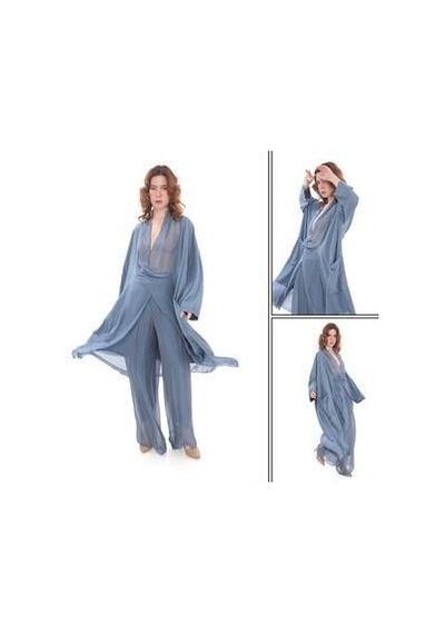 Italyan Ipek Detaylı Oversize Kap Bluz- Wes Pantolon Takım Buz Mavisi Mavi