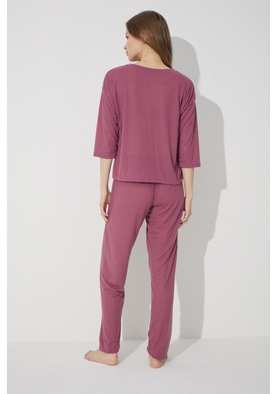 Siyah İnci Soft Touch Ince Örme Nakışlı Pijama Takım Vişne Çürüğü
