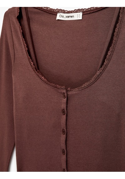 Koton Düğmeli Uzun Kollu U Yaka Katmanlı Modal Karışımlı Slim Fit Hırka Kahverengi 6sal90012ık Kahve