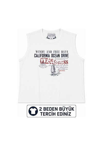 Büyük Beden Kolsuz Yuvarlak Yaka Baskılı Erkek Tishirt Atlet Beyaz