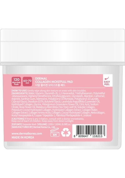 Dermal Collagen Moistfull Pad 120 Li Kolajen İçerikli Nemlendirici Ve Cilt Sıkılaştırıcı Tonik Ped 180 Ml