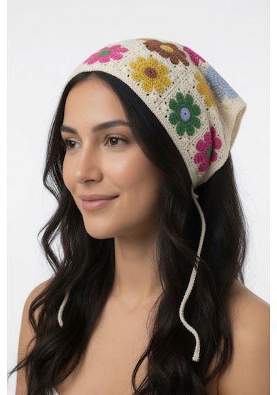 Yazlık Çiçek Motifli Üçgen Triko Bandana Kadın Ayarlanabilir Saç Aksesuarı Çok Renkli