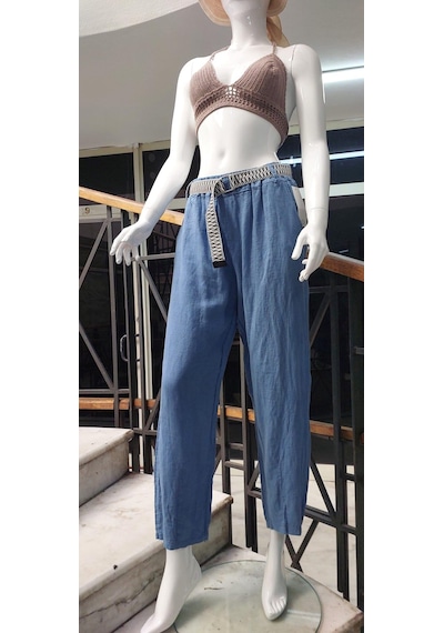 Eren Style İtalyan Kemerli Keten Pantolon-9260 İndigo Mavi İndigo