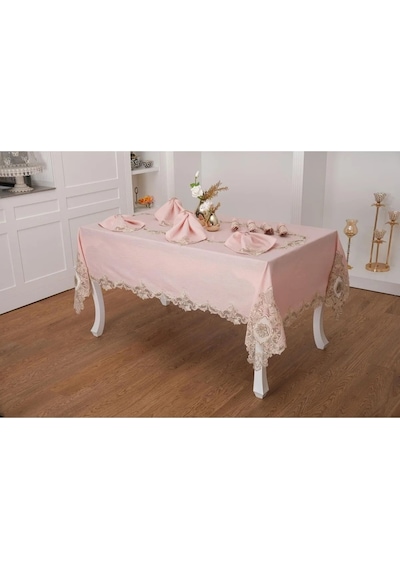 Anka Güpürlü Keten Pudra Sofra Takımı 8 Kişilik 160x230 Cm 17prç. - 1165 Çok Renkli