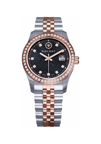 Pırlant Siyah Sedef Kadranlı Kadın Kol Saati Rose Gold - Gümüş