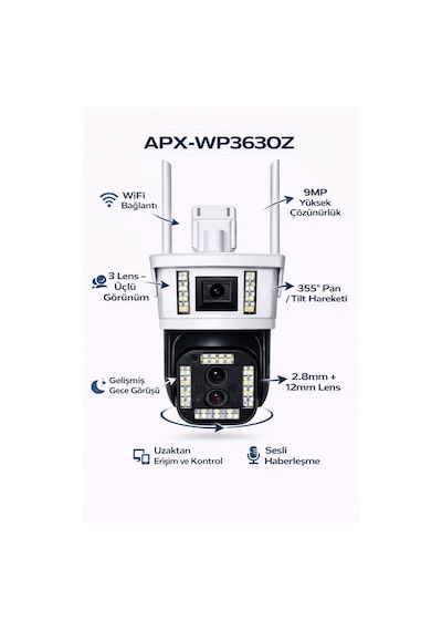 Apx-wp363oz 9mp 10x Zoom 2.8mm-12mm İki Kamera Wifi Ptz