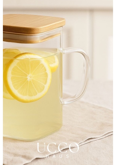 1 Litre Bambu Kapaklı Boroslikat Cam Demlik Sürahi Detox, Limonata, Bitki Çayı, Yağdanlık Mutfak Şeffaf