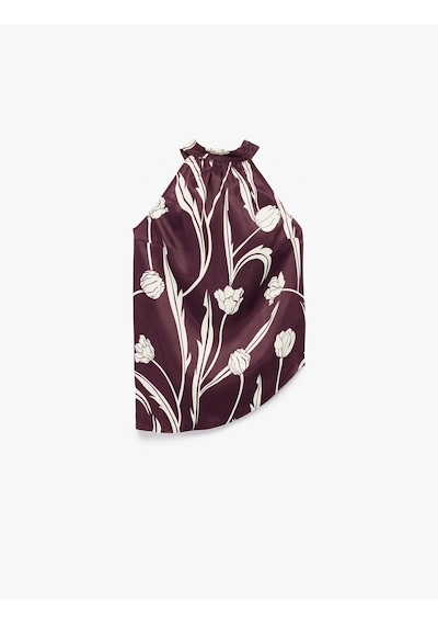 Koton Bağlama Detaylı Floral Desenli Halter Yaka Saten Bluz Bordo Desenli 6wak60123uw