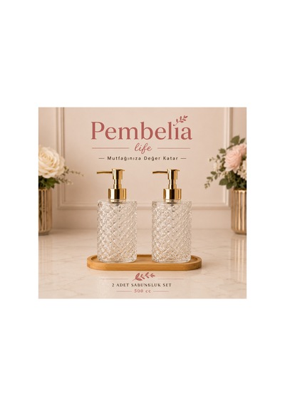 Bambu Standlı 2 Li Gold Başlıklı Kristal Cam Sabunluk Set Sarı Sarı
