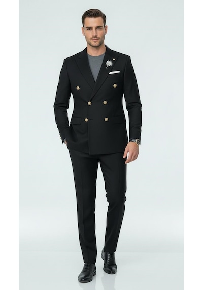 Erkek Kruvaze Gold Düğmeli Dokulu Likralı Kumaş Blazer Ceket Modern Kesim Şık Tasarım Siyah