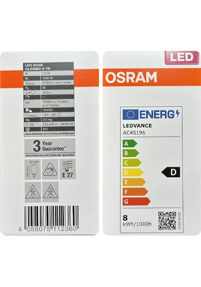 5 Adet Ledvance 7,5w Sarı Işık 2700k E27 Duylu Kalın Duy Filament Led Ampul