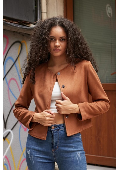 Kadın Esnek Süet Kumaş Sıfır Yaka Flato Cepli Uzun Kol Blazer Ceket-taba Taba