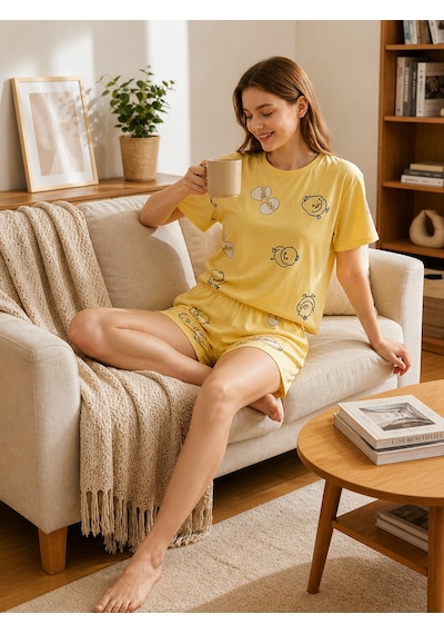 Pıove Kadın Baskılı Şortlu Pijama Takımı Sarı