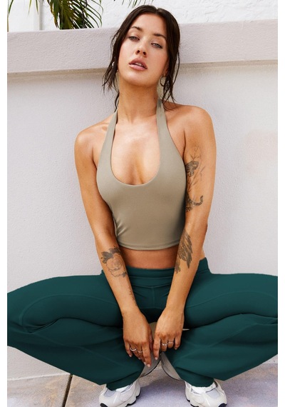 Madmext Taş Rengi Halter Yaka Boyun Askılı Crop Top Mg2456 Taş Rengi