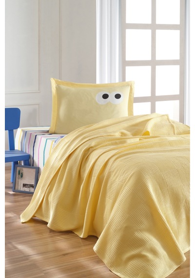 Eponj Home Lastikli Çarşaflı Pike Takımı Tek Kişilik %100 Pamuk 3 Parça Funny Desenli Sarı Weave Serisi Sarı