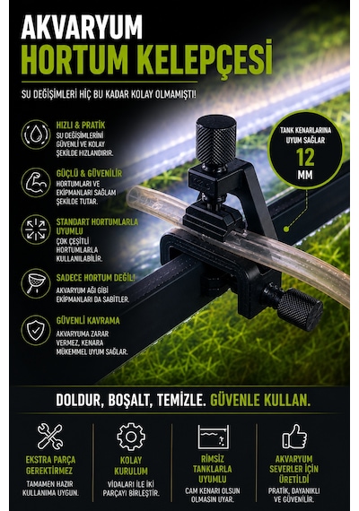 Akvaryum Hortum Kelepçesi Sabitleyici Su Değişim Aparatı Rimli & Rimsiz Tank Uyumlu - Siyah