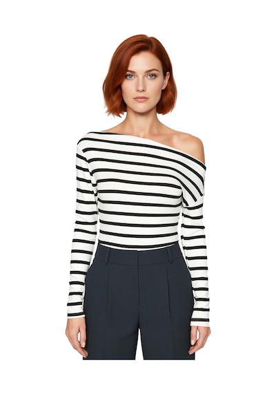 Ersefa Moda Kayık Yaka Örme Slim Çizgili Desen Casual Günlük Regular Uzu siyah