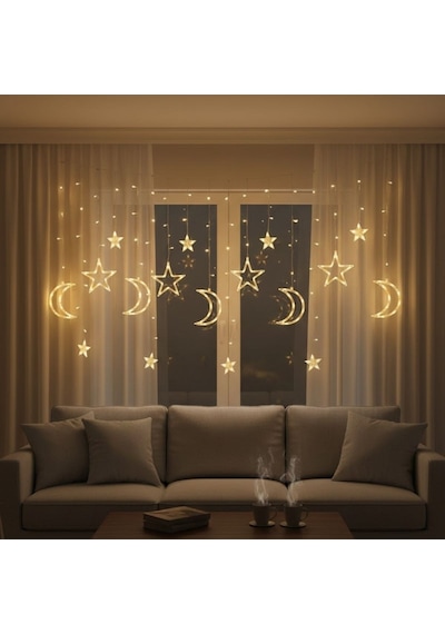 Ay Ve Yıldız Figürlü Kumandalı 12 Sarkıtlı 120 Led Dekor Işık - Dekoratif Ortam Ve Masaüstü Aydınlatması 5131 Düz