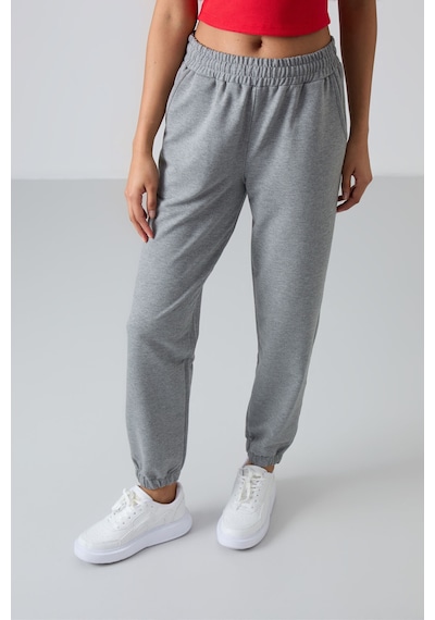 Tommy Life Gri Melanj Cepli Yüksek Bel Rahat Form Lastik Paça Kadın Eşofman Alt - 94583 GRİ MELANJ