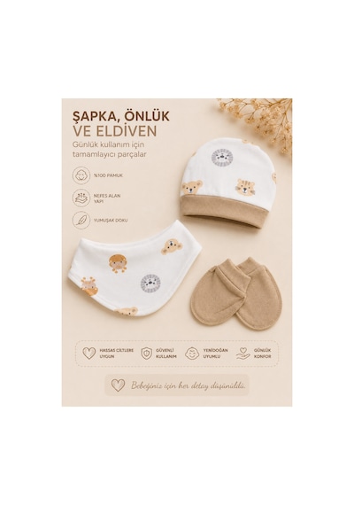 Lilliy %100 Pamuk 5'li Yenidoğan Bebek Hastane Çıkışı Takımı Aslan Desenli 0-3 Ay Erkek Bebek Seti Kahverengi