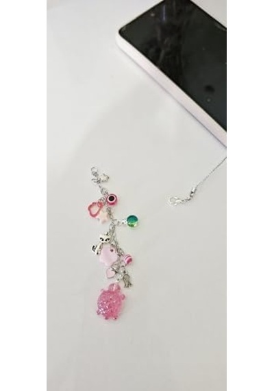 Çok Renkli Telefon Askısı, Gümüş Zincir, Kaplumbağa Ve Kedi Figürlü, Nazar Boncuklu, Pembe Aksesuarlı Charm