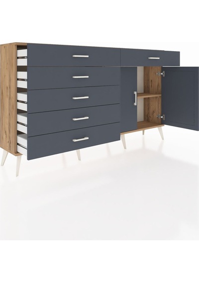 Arges Konsol Tek Raflı 6 Çekmeceli 2 Kapaklı 176x30x99 Çam-antras Çam-antrasit