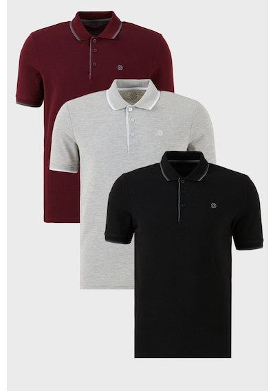 Buratti Pamuklu Slim Fit Şerit Detaylı Düğmeli Polo Yaka 3'Lü Paket Erkek T Shirt 5902118S3 Siyah-Vişne-Gri Melanj