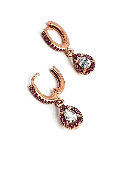Pembe Zirkon Taşlı 925 Ayar Gümüş Rose Damla Küpe