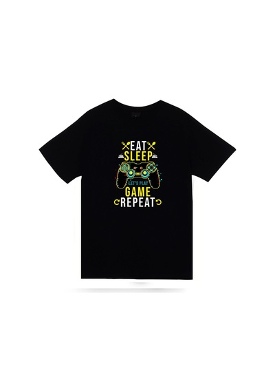 Stoned&Fame Eat, Sleep, Game, Repeat Oyun Kolu Baskılı Unisex %100 Pamuk T-shirt SIYAH Siyah