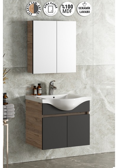 Yıldız 65 Cm Atlantik Çam-Antrasit Gri Mat Mdf Seramik Lavabolu A Antrasit - Atlantik Çam
