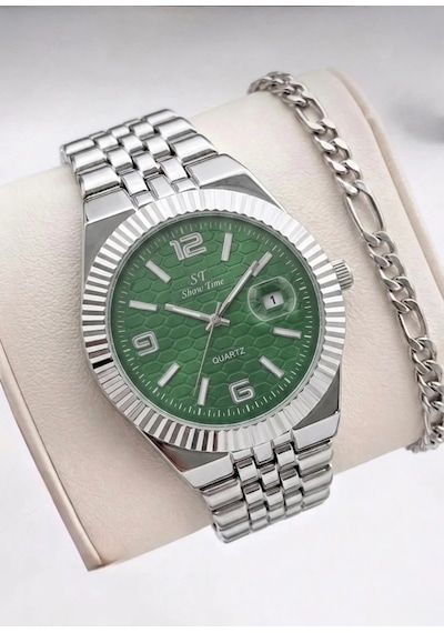 Erkek Takvimli Gümüş Kol Saati 3 Renk Kadran Seçenekli, Quartz Mekanizmalı Çelik Kordon Erkek Saat + Bileklik Set Yeşil Erkek Takvimli Gümüş Kol Saati 3 Renk Kadran Seçenekli, Quartz Mekanizmalı Çelik Kordon Erkek Saat + Bileklik Set Yeşil