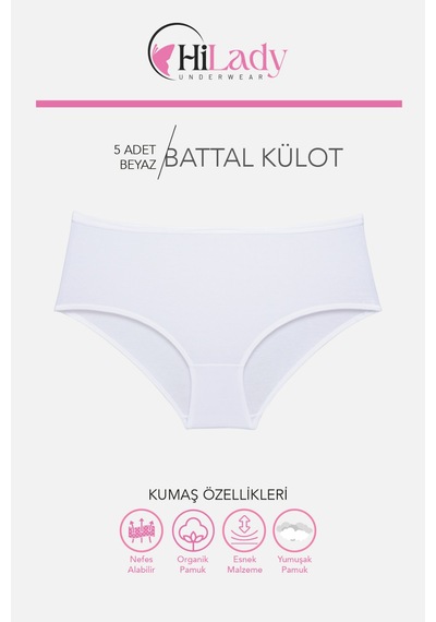 Kadın Külot, Orta Yüksek Bel Büyük Beden Külot 4xl-5xl-6xl 5 Adet, Yumuşak Pamuklu Rahat Kumaş Beyaz