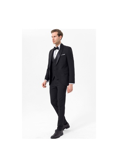 Süvari Siyah Slim Fit Armürlü 6 Drop Smokin & Damatlık
