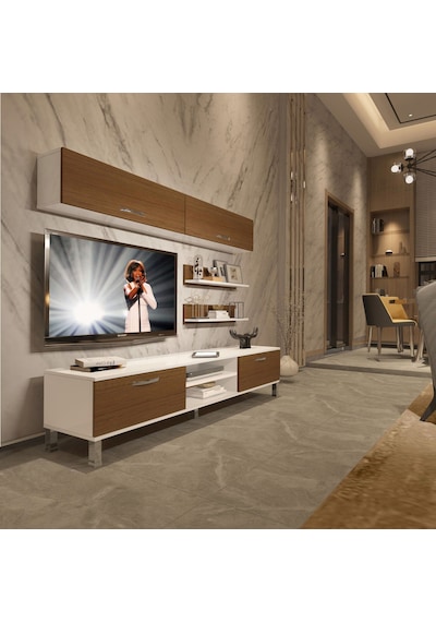 Decoraktiv Eko 5 Mdf Dvd Krom Ayaklı Tv Ünitesi Tv Sehpası Beyaz - Ceviz