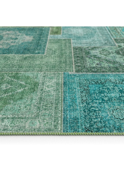 Cool Halı Patchwork Yeşil Turkuaz Vintage Eskitme Bohem Şönil İnce Halı Salon Oturma Odası Halısı
