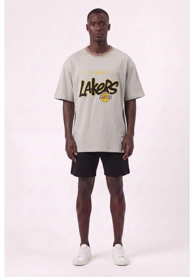 Blow Up Siyah Lakers Yazılı Gri Oversize Erkek T-shirt 11214 SİYAH