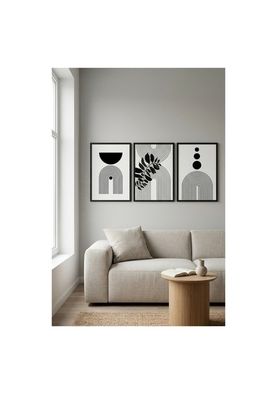 Siyah Ahşap Çerçeveli Minimalist Geometrik 3 Lü Set Siyah Çizgi Duvar Tablosu Siyah