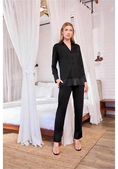 Modenya Uzun Kollu Önü Düğmeli Gömlek Yaka Pijama Takımı Siyah