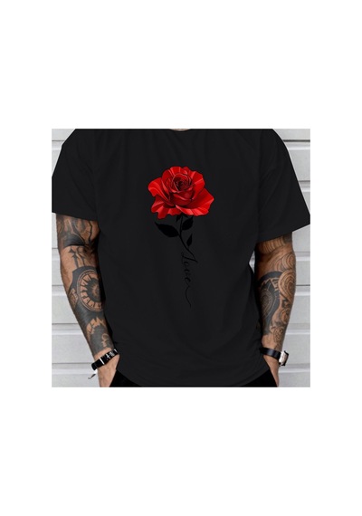 Caddemia Yaz Moda Rahat Gevşek Büyük Gül Desen Baskılı Spor Yuvarlak Yaka Kısa Kollu Siyah 2XL
