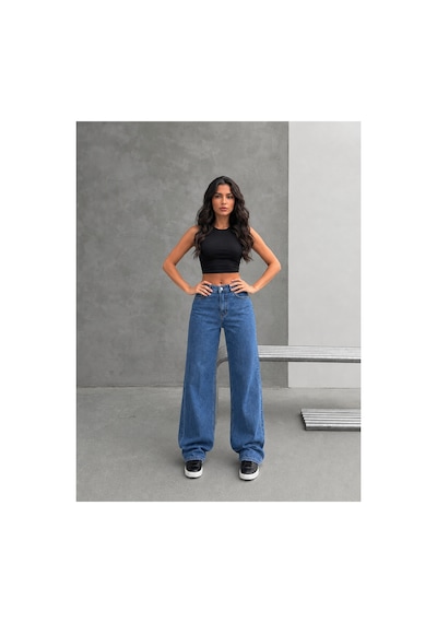 Kene Jeans Mavi Arka Cep Nakışlı Kemer Tokalı Boru Paça Pantolon Jeans Mavi