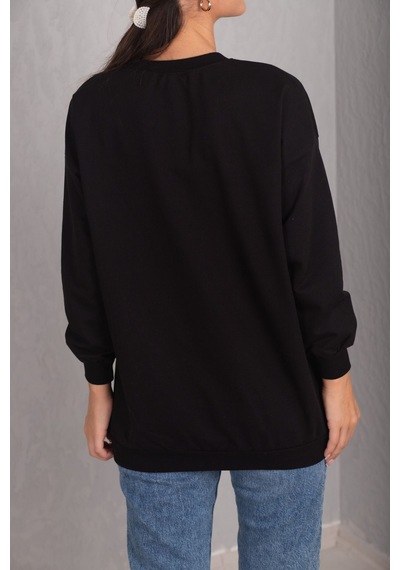 Armonika Kadın Siyah Önü Yazılı Yuvarlak Yaka Oversize Uzun Kol Sweatshirt Arm-24k024005