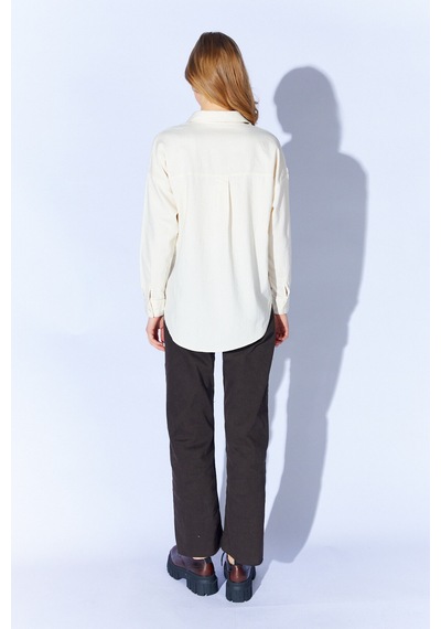 Manche Ekru Broş Detaylı Oversize Tek Cepli Gabardin Gömlek Mkw168174-01