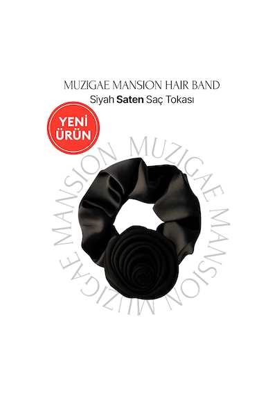 Gül Detaylı Siyah Saten Saç Tokası Muzıgae Mansıon Hair Band Siyah
