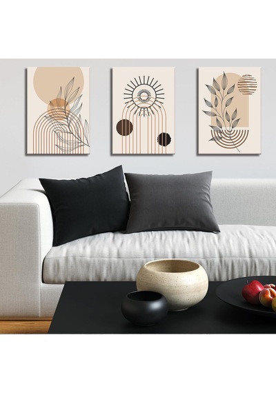 3'lü Bohem Kanvas Tablo Seti 1 - Modern Boho Duvar Dekoru - Geometrik Ve Modern Çizgili 3 Parça Tablo 70 X 100 Cm -