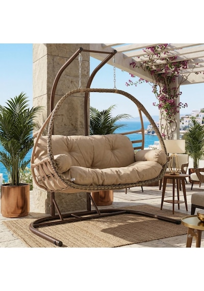 Rehome Malta Çiftli Rattan Bahçe Salıncağı Açık Kahve Açık Kahverengi